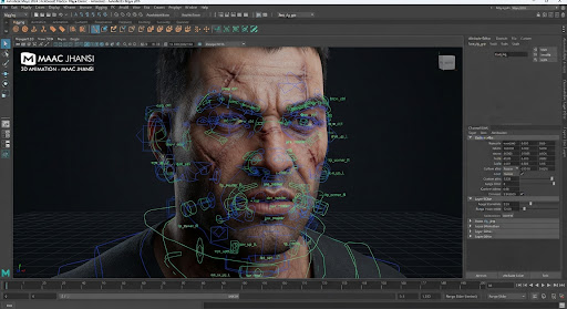 Close-up of a 3D character rig with facial controllers in Maya