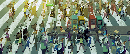 Stylized digital animal crowd crossing a street