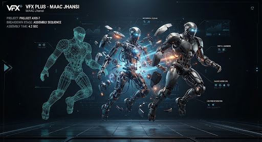Mechanical character VFX breakdown, wireframe to final render
