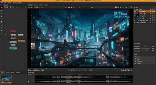 Futuristic city skyline matte painting with hologram integration